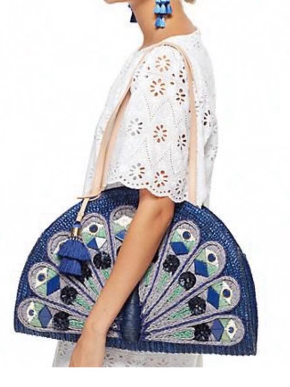 Kate Spade Peacock Full Plume Half-Moon Straw Shoulder Tote Bag - NWT